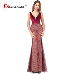 Evening wear Dresses: Black Velvet Mermaid Evening Night Dress for Women V Neck