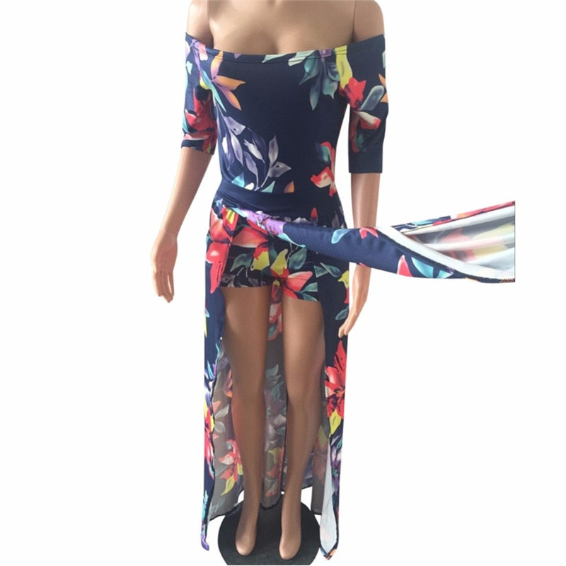 Women Floral Print Hobo Beach Long Dress Summer Elegant Off Shoulder