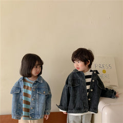 Spring Fall Boys and girls Casual All-match Denim Jackets Kids Turn-down