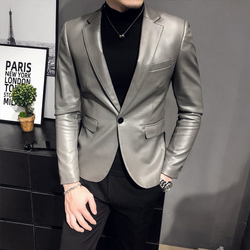 Tuxedo for Mens: Men Suit Black Slim Fit Blazer Hombre PU Leather Jacket Male