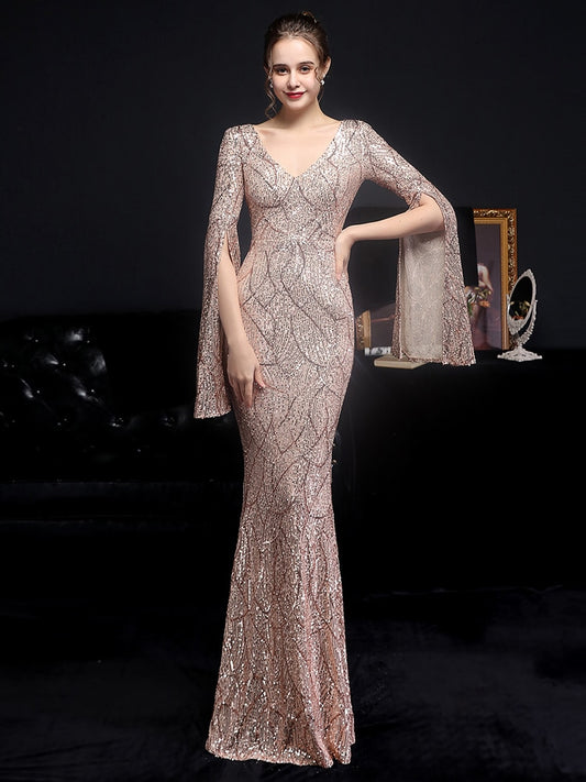 Gold Sequin Evening Dress Women Long Sleeve Dress Elegant Party Maxi