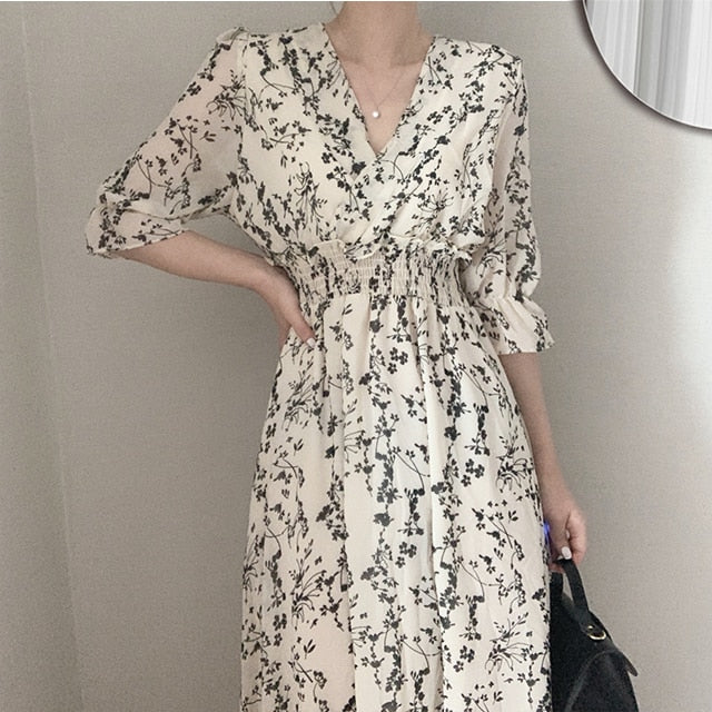 Vintage Korea Fashion Clothing Summer Slim Elastic Waist A Line V Neck Elegant