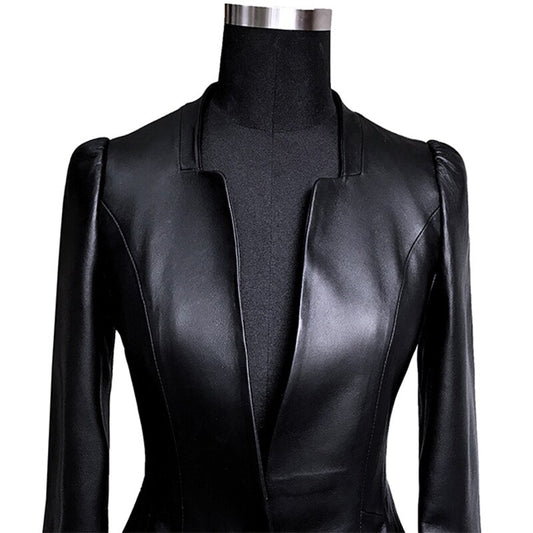 Autumn Black Slim Soft Pu Leather Jacket Women Deep V Neck