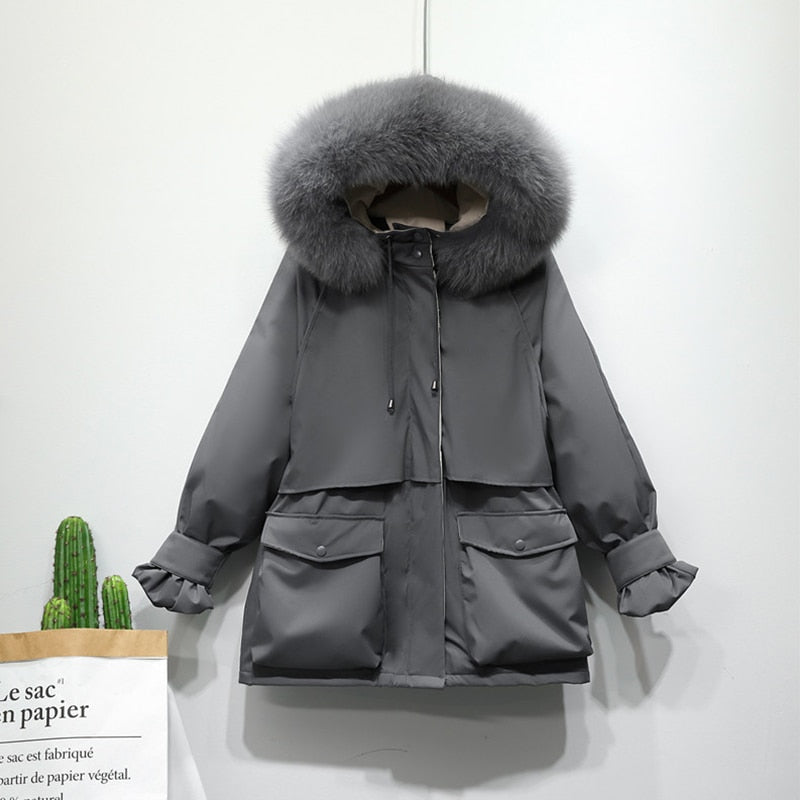 Winter Jacket Women Large Natural Fur White Down Coat