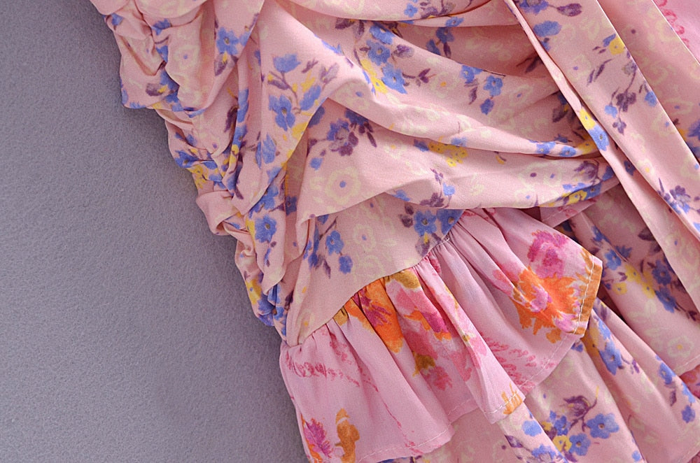 Patchwork Floral Print Lantern Sleeve Dress Vintage Ruched Pleated Waist Ruffles