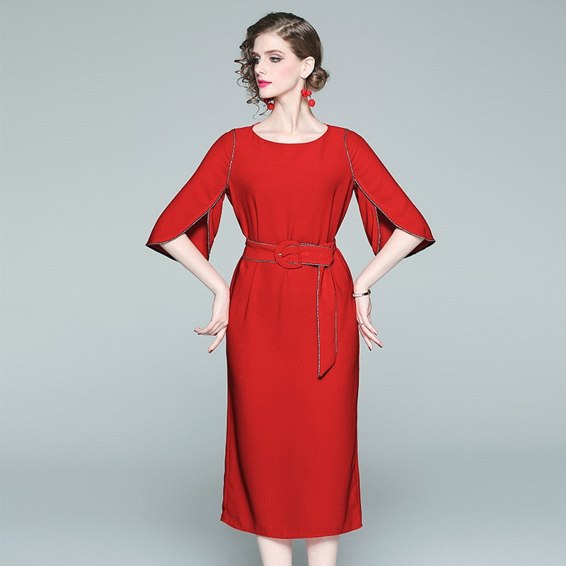 European and American ladies waist tie with slim dress