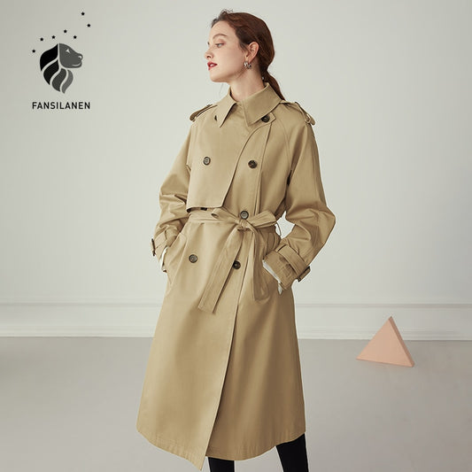 100% Cotton Khaki Long Women Trench Coat