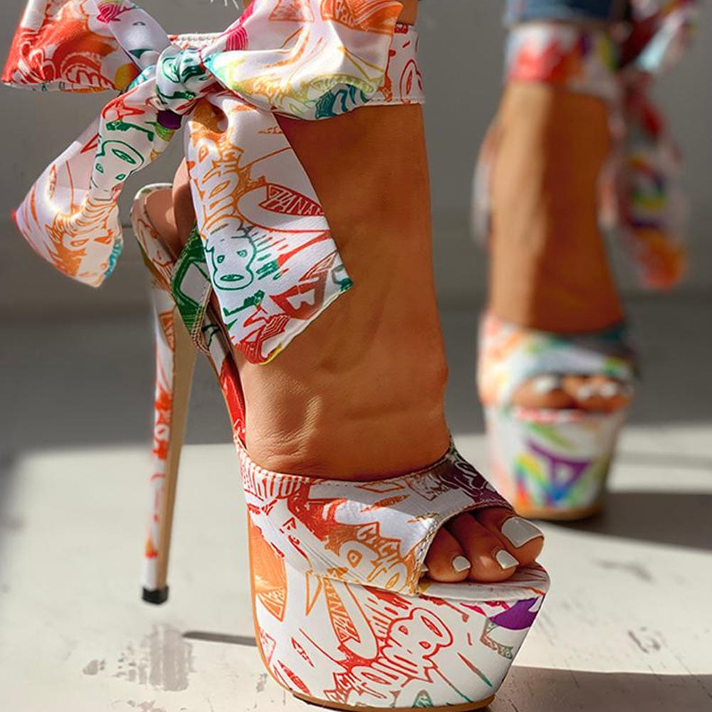 Shoes Print Super Thin High Heels Shoes Sandals Women Summer Party