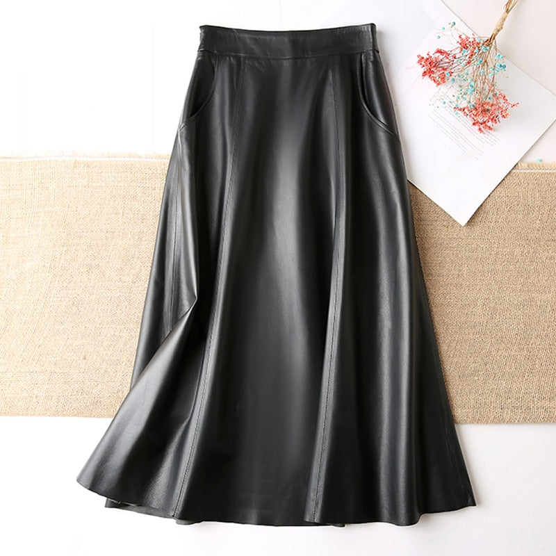 Women Clothing Spring Genuine Leather Skirt Femme High Waist A-line