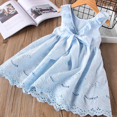 Girls Dress Strap Hollow Embroidery Casual Sleeveless Party Princess Dress