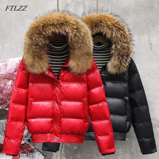 Winter Real Raccoon Fur Feather Jacket Women Hooded Slim White Down