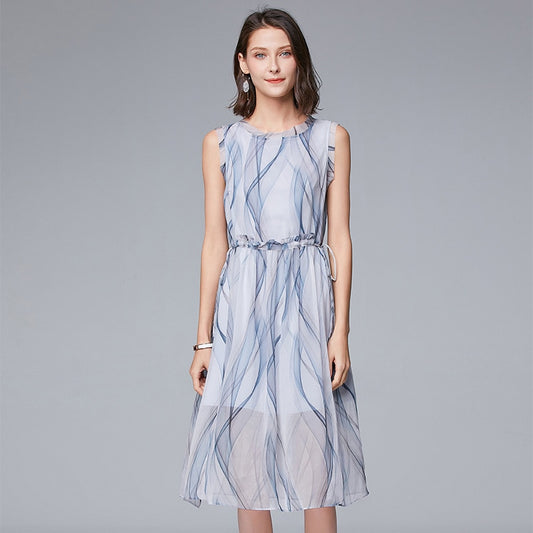 women middle school long sleeveless fungus edge waist drawstring stripe elegant Fairy
