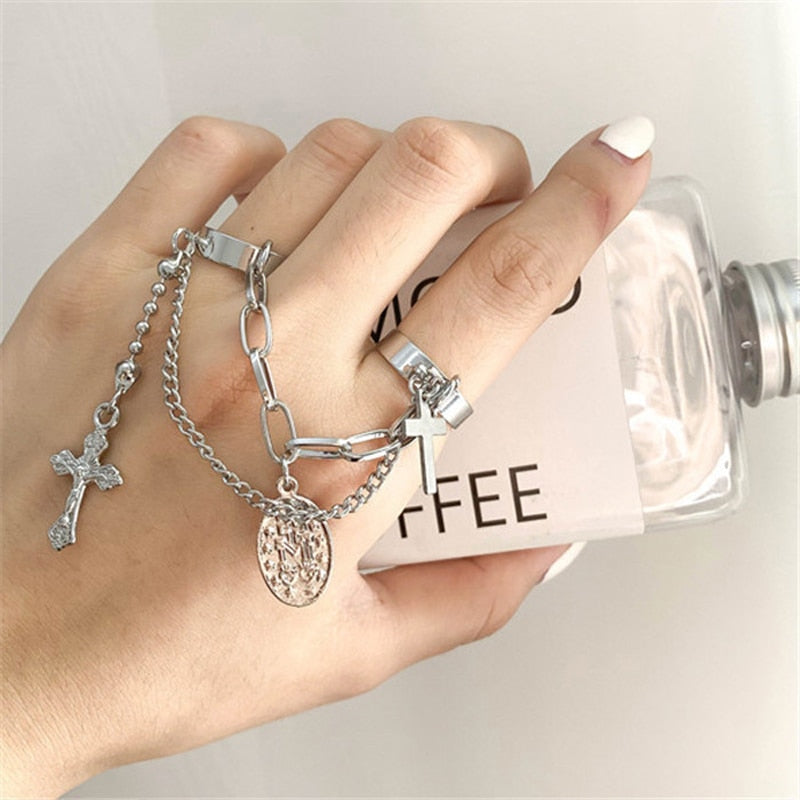 Punk Cool Hip Pop Rings Multi-layer Adjustable Chain Four Open