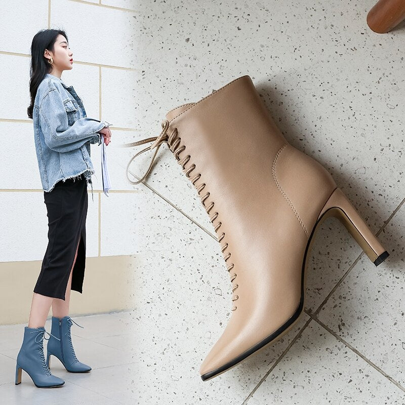 Women Leather Boots Fashion High Heels Shoes Winter Lace Up Women Martin