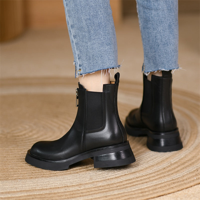Women Genuine Leather Ankle Chelsea Boots Platform Thick Mid Heel