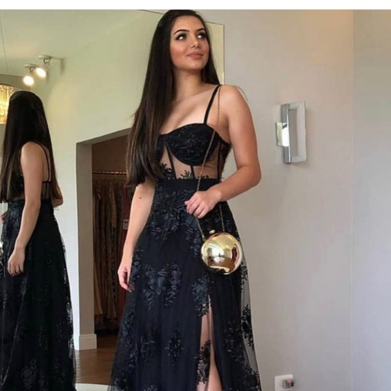 Evening wear Dresses: A-Line Sweetheart Floor Length Side Slit Spaghetti Strap Lace