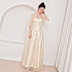 Evening wear Dresses: O Neck Half Sleeve Evening Dresses Long Tulle Appliques Elegant