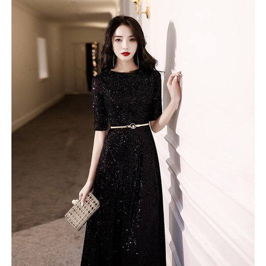 Evening wear Dresses: Black Long Evening Dresses Elegant O Neck A Line Formal Dress
