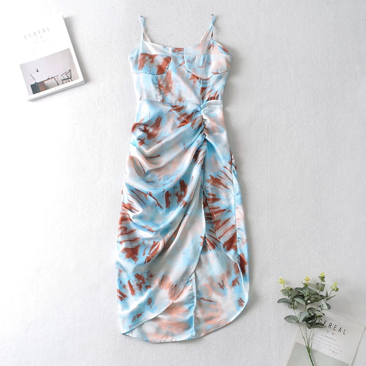 Women Vintage Yellow Tie dye Flower print Spaghetti Strap Dress