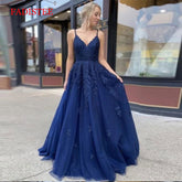Lace Navy Blue V-neck Vestidos De Fiesta Noche Prom Party Evening Dresses