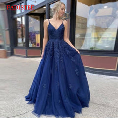 Lace Navy Blue V-neck Vestidos De Fiesta Noche Prom Party Evening Dresses
