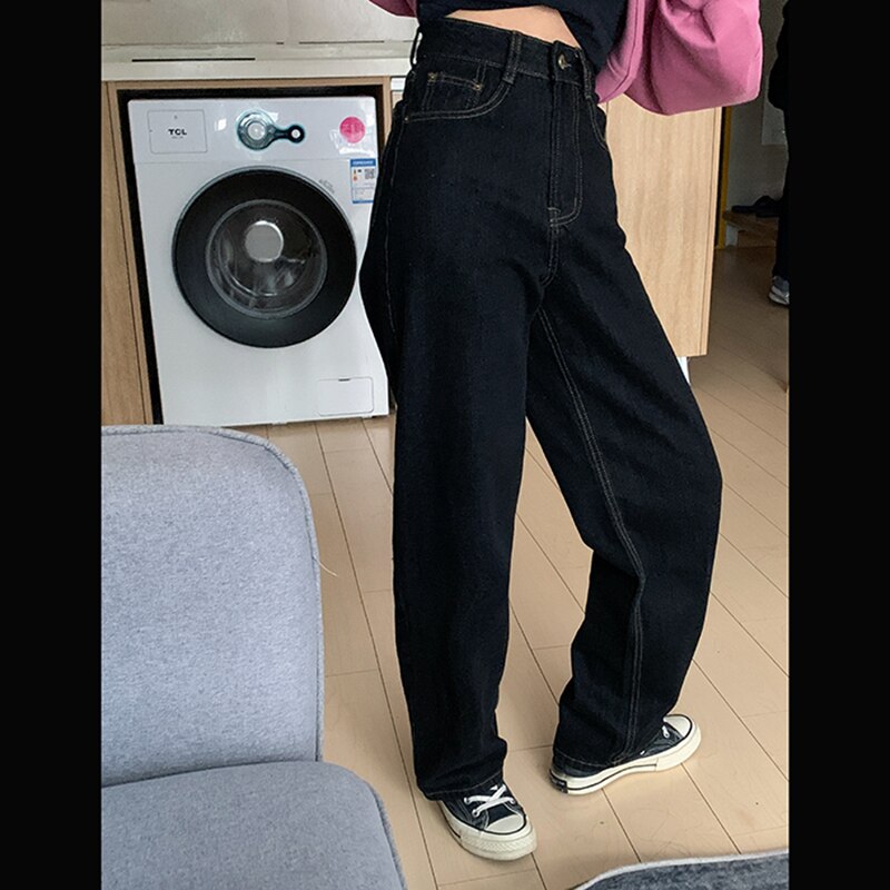 Vintage High Waist Women Black Jeans Autumn Street Wear Wide