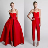 Evening wear Dresses: Red Jumpsuit Detachable Skirt Sweetheart Formal Pants