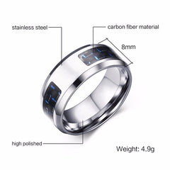 Laser Engraved Wolf Men Ring for Men Stainless Steel Blue Carbon Fibre 8mm