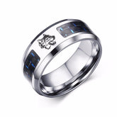Laser Engraved Wolf Men Ring for Men Stainless Steel Blue Carbon Fibre 8mm
