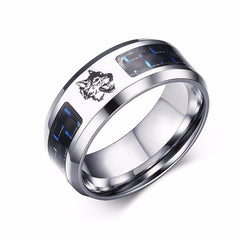 Laser Engraved Wolf Men Ring for Men Stainless Steel Blue Carbon Fibre 8mm