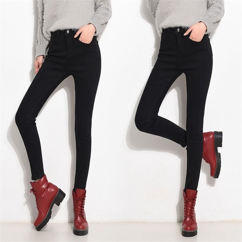 Mid Waist Warm Jeans For Women Blue Female Black Winter Jeans Women Denim
