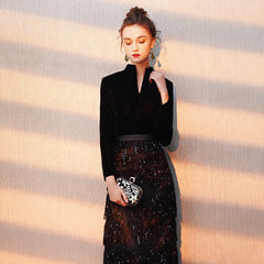 Evening wear Dresses: Evening Dress Banquet Black Velour with Stripe