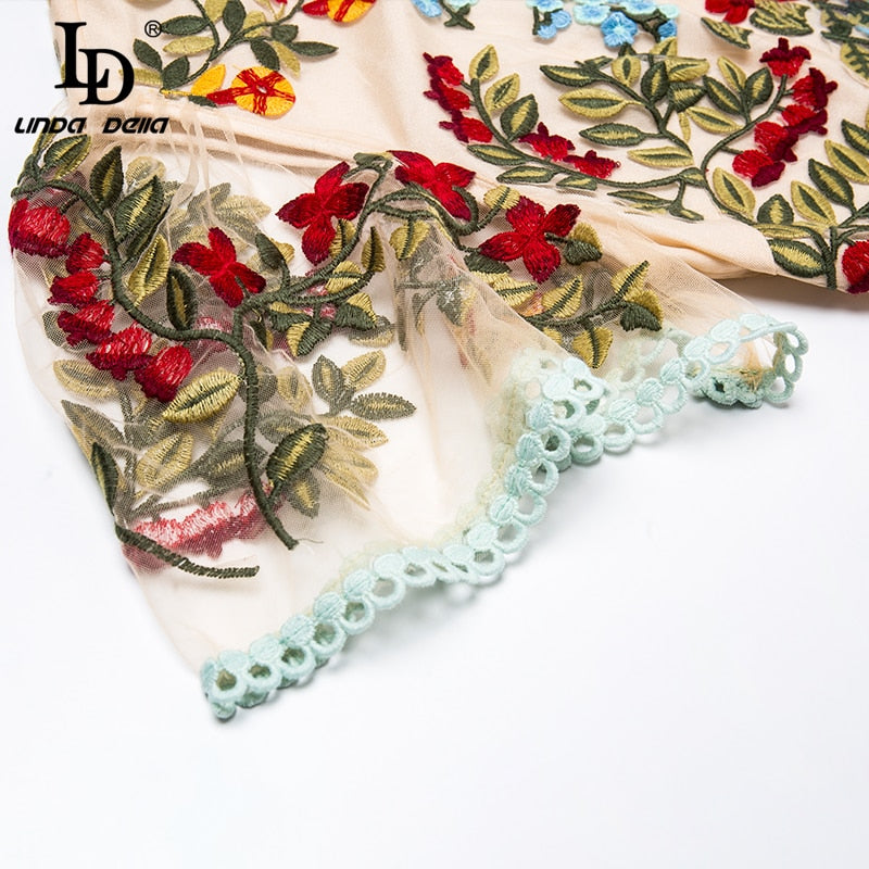 Fashion Runway Summer Dress Women's Flare Sleeve Floral Embroidery