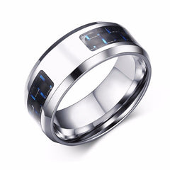 Laser Engraved Wolf Men Ring for Men Stainless Steel Blue Carbon Fibre 8mm