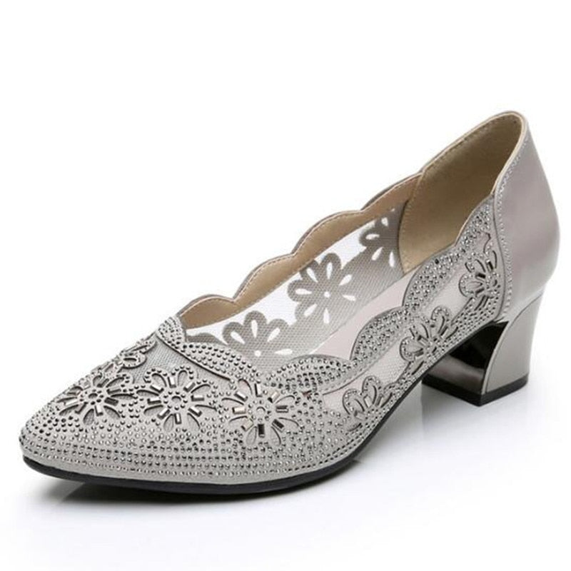 Summer Fashion Hollow Out Genuine Leather Pumps Women Shoes Med Heels