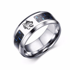 Laser Engraved Wolf Men Ring for Men Stainless Steel Blue Carbon Fibre 8mm