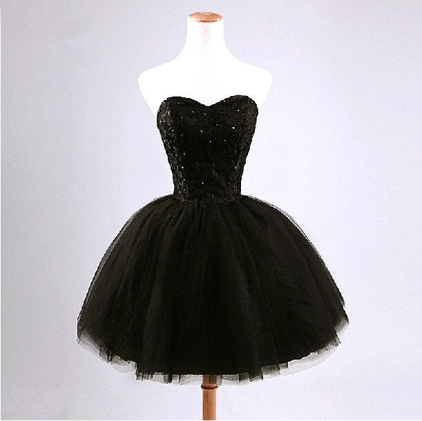 Homecoming Dresses: Sweet Memory Short Black Prom Dresses Sweetheart Lace Tulle