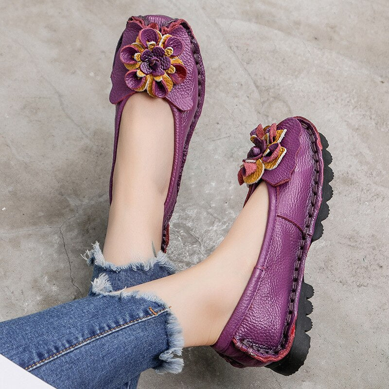 Soft Genuine Leather Flat Shoes Women Flats with Flowers Ladies Shoes
