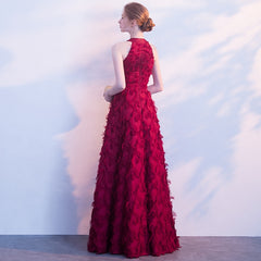 Evening wear Dresses: Burgundy Elegant Long Evening Dress Lace Feather