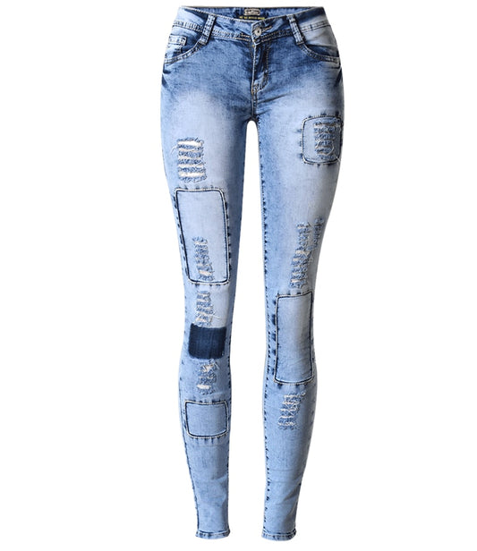 Summer Style Low Waist Sky Blue Patchwork Skinny Tights Women Pencil Jeans