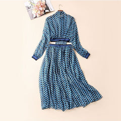 Print Dress For Women Stand Collar Long Sleeve High Waist Hollow Out Midi Dresses
