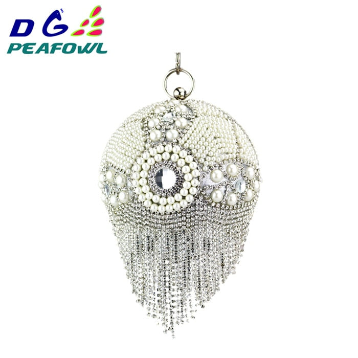 Round Ball Shape Pearl Beaded Tassel Women Evening Gold Handbags Shoulder