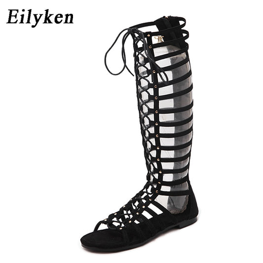 Leather Women Sandals Strappy Open toe Knee Summer Gladiator Flat Sandals