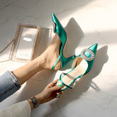 Summer stiletto pointed high heel rhinestone buckle sandals Satin Korean