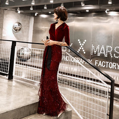 Evening wear Dresses: Velvet Evening Dresses Long Mermaid V-Neck Formal Dress