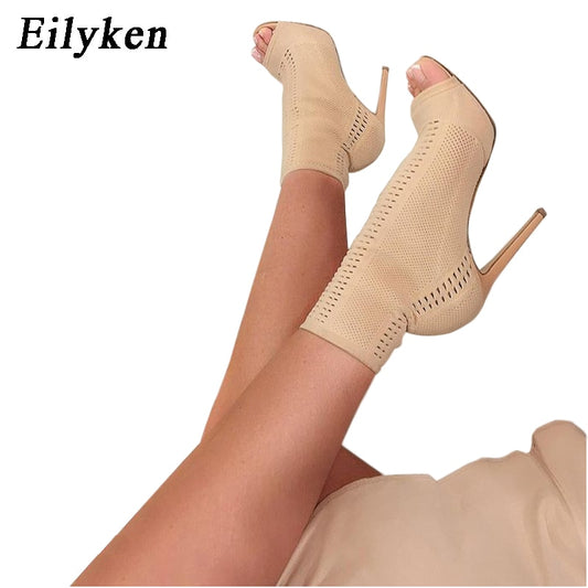 Womens Sock Ankle Boots Open Toe High Heels Fashion Ladies Pumps