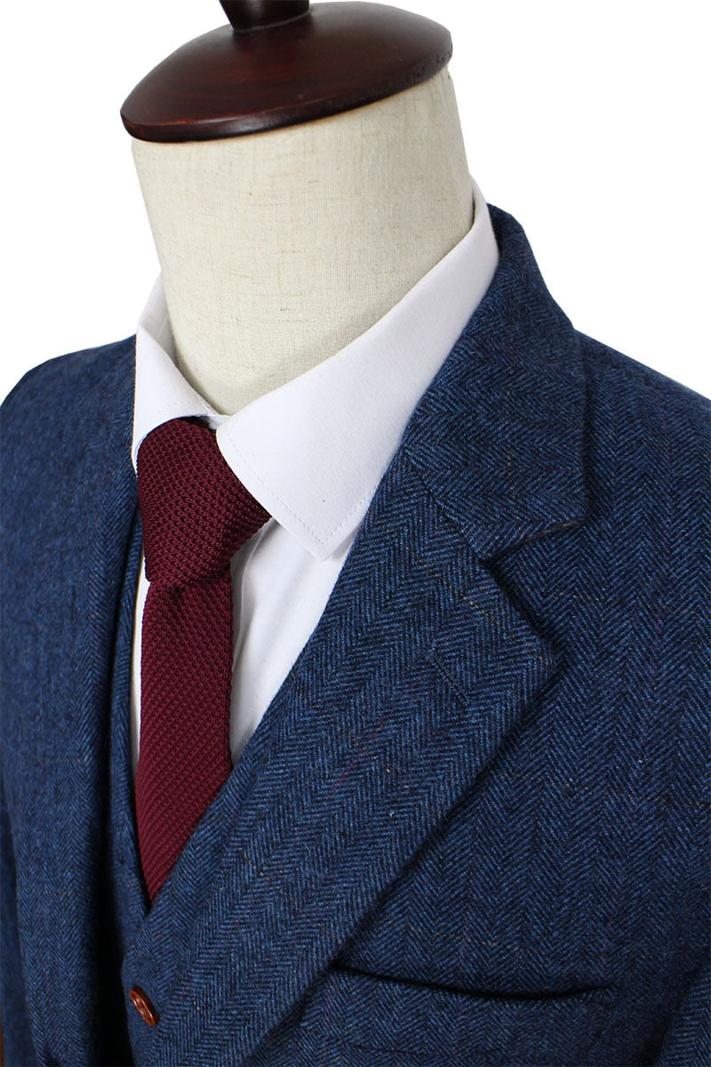 Tuxedo for Mens: Wool Blue Herringbone Retro gentleman style custom made