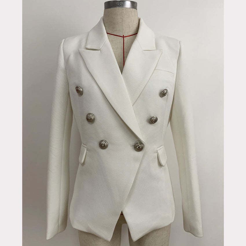 Designer Blazer Women Double Breasted Metal Lion Silver Buttons Pique Blazer Jacket