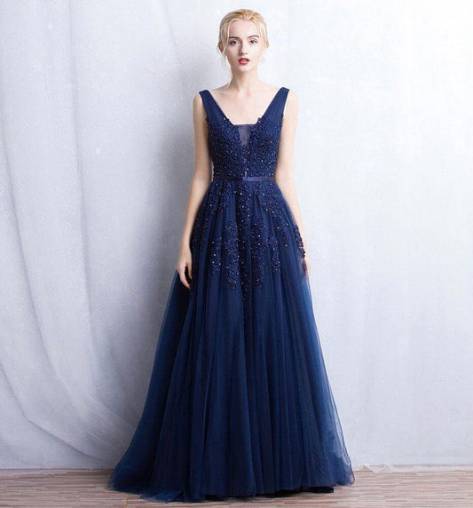 Homecoming Dresses: Women Elegant V Neck Tulle Sleeveless Lace Bridesmaid Dress