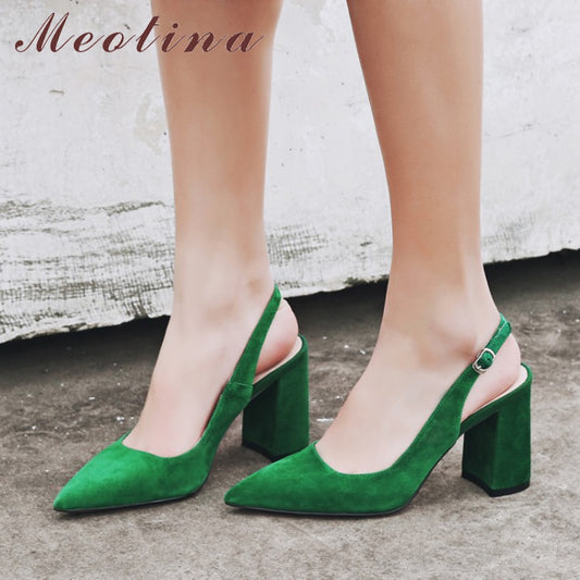 Women Shoes Kid High Heels Pointed Toe Slingbacks Thick High Heel